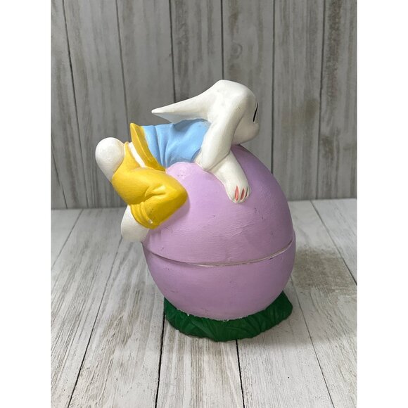Vintage Ceramic Bunny Easter Rabbit Laying On Purple Egg Trinket Box Big Eye - Picture 4 of 8